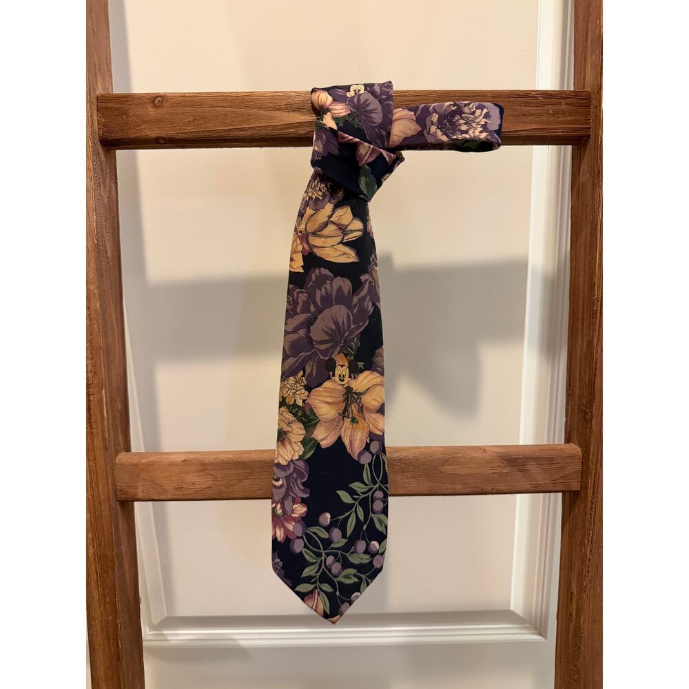 Vintage Disney Hidden Mickey Floral Silk Tie Navy Purple Green Park Exclusive
